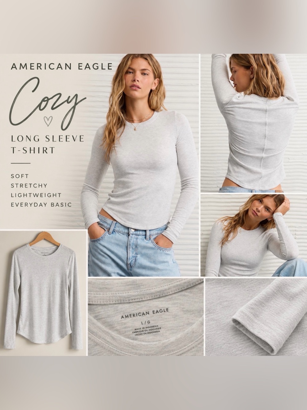 American Eagle Outfitters Cozy Long Sleeve Tee - Heather Light Gray